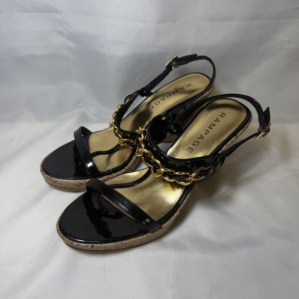 Rampage‎ Briton Women's Black Patent Gold Chain Cork Wedge Sandals Size 8.5 M